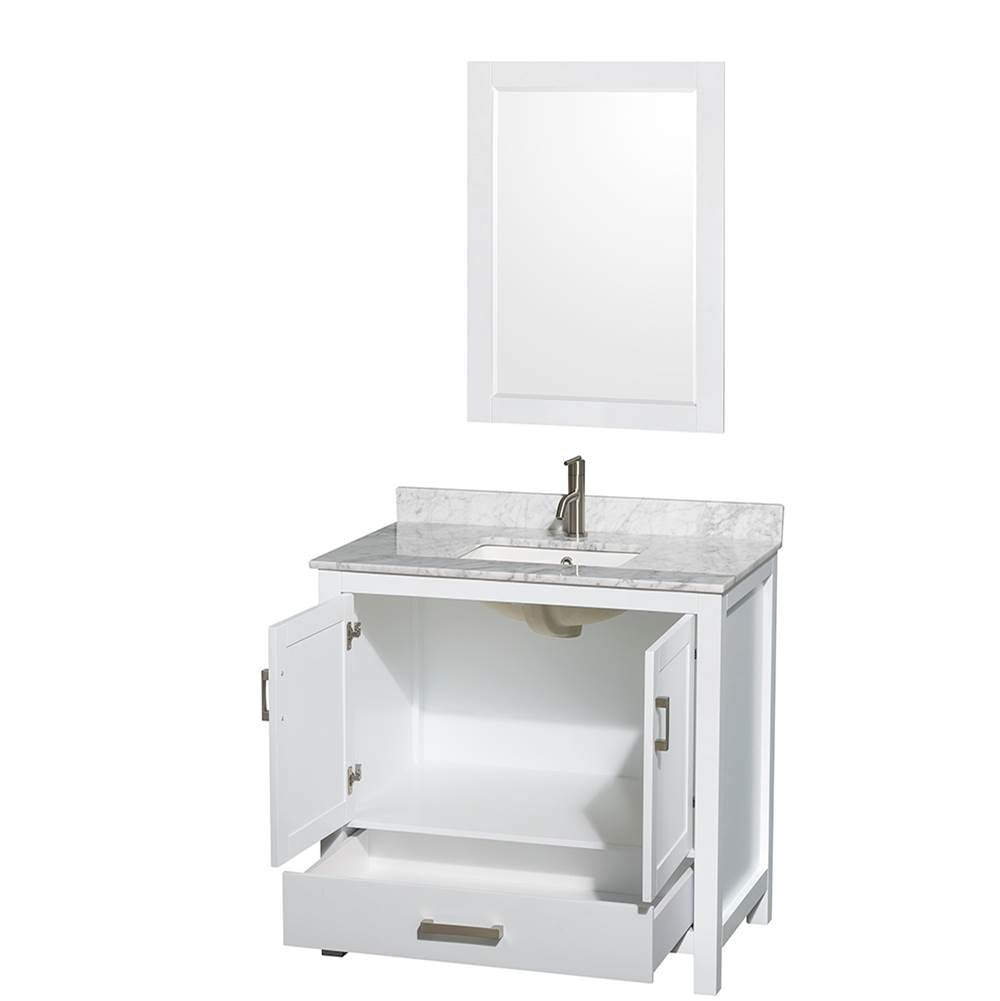 Sheffield 36 Inch Single Bathroom Vanity in Espresso, White Carrara Marble Countertop, Undermount Square Sink, and 24 Inch Mirror