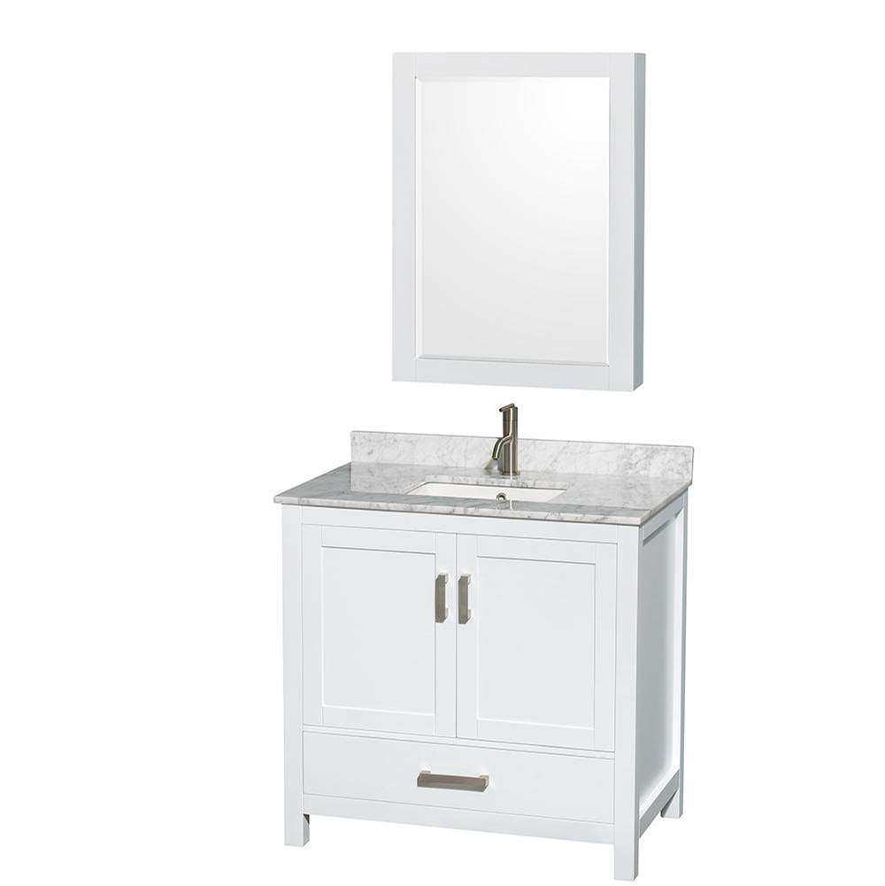 Wyndham Collection - Sheffield 36 Inch Single Bathroom Vanity in White, White Carrara Marble Countertop, Undermount Square Sink, and Medicine Cabinet - White