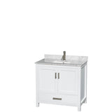 Sheffield 36 Inch Single Bathroom Vanity in Espresso, White Carrara Marble Countertop, Undermount Square Sink, and Medicine Cabinet
