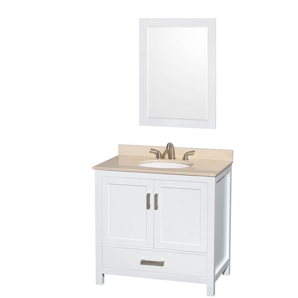 Wyndham Collection - Sheffield 36 Inch Single Bathroom Vanity in White, Ivory Marble Countertop, Undermount Oval Sink, and 24 Inch Mirror - White