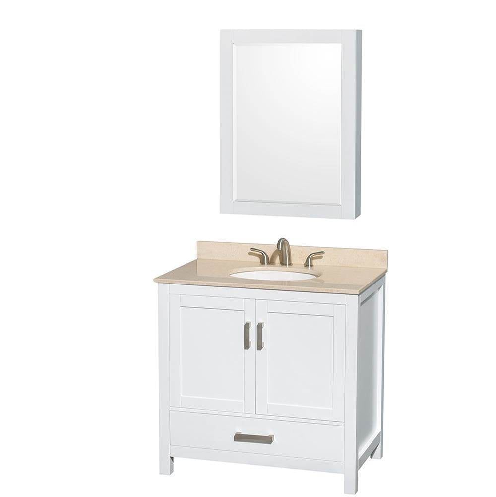 Wyndham Collection - Sheffield 36 Inch Single Bathroom Vanity in White, Ivory Marble Countertop, Undermount Oval Sink, and Medicine Cabinet - White