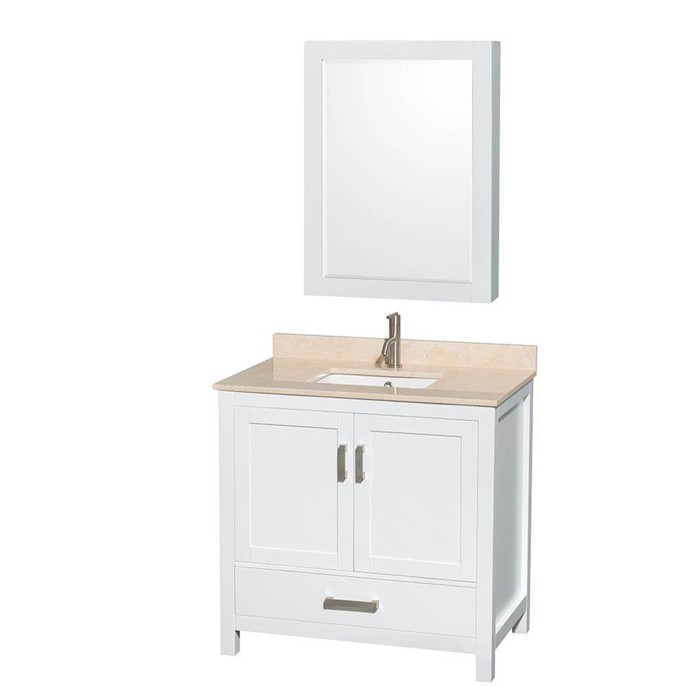 Wyndham Collection - Sheffield 36 Inch Single Bathroom Vanity in White, Ivory Marble Countertop, Undermount Square Sink, and Medicine Cabinet - White