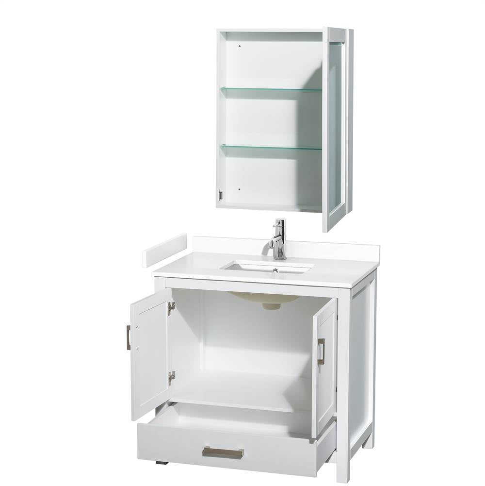 Sheffield 36 Inch Single Bathroom Vanity in White, White Cultured Marble Countertop, Undermount Square Sink, Medicine Cabinet