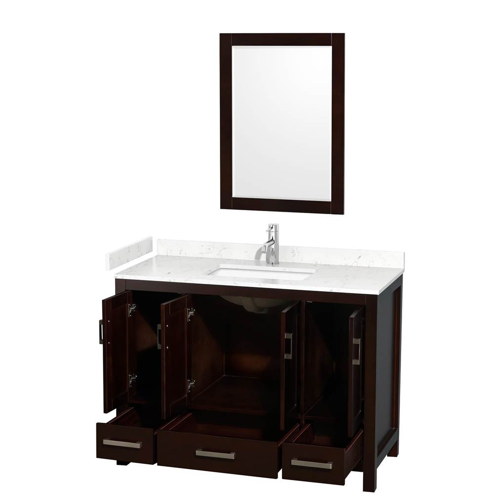 Sheffield 48 Inch Single Bathroom Vanity in Espresso, Carrara Cultured Marble Countertop, Undermount Square Sink, 24 Inch Mirror