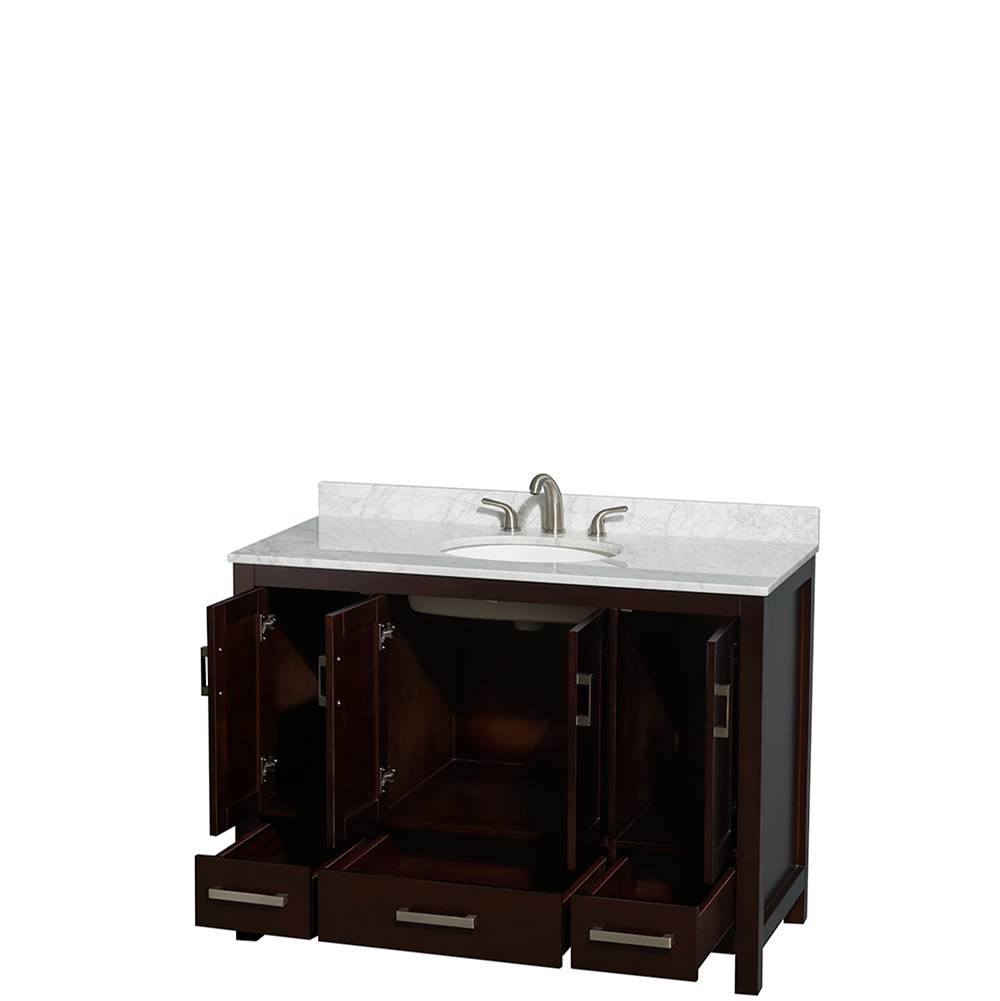Sheffield 48 Inch Single Bathroom Vanity in Espresso, White Carrara Marble Countertop, Undermount Oval Sink, and No Mirror