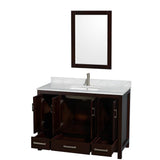 Sheffield 48 Inch Single Bathroom Vanity in Espresso, White Carrara Marble Countertop, Undermount Square Sink, and 24 Inch Mirror