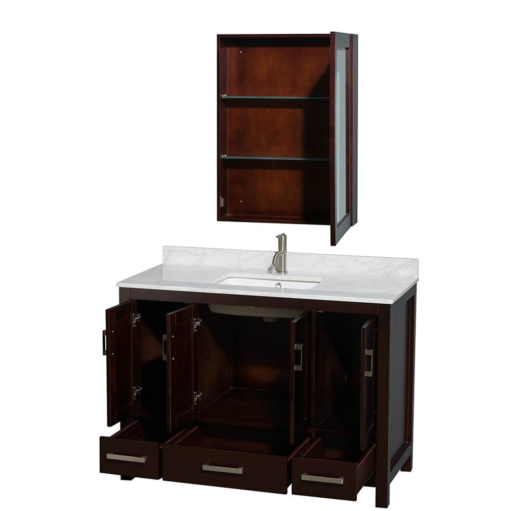 Sheffield 48 Inch Single Bathroom Vanity in Espresso, White Carrara Marble Countertop, Undermount Square Sink, and Medicine Cabinet