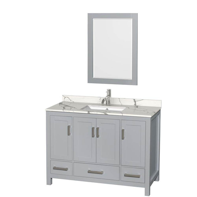 Wyndham Collection - Sheffield 48 Inch Single Bathroom Vanity in Gray, Calacatta Quartz Countertop, Undermount Square Sink, 24 Inch Mirror - Gray