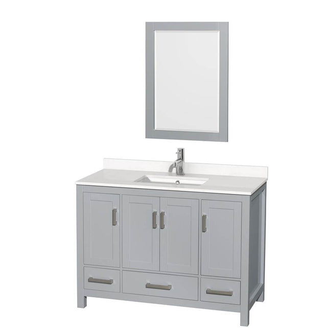 Wyndham Collection - Sheffield 48 Inch Single Bathroom Vanity in Gray, White Quartz Countertop, Undermount Square Sink, 24 Inch Mirror - Gray