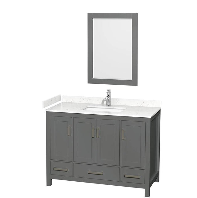 Wyndham Collection - Sheffield 48 Inch Single Bathroom Vanity in Dark Gray, Carrara Cultured Marble Countertop, Undermount Square Sink, 24 Inch Mirror