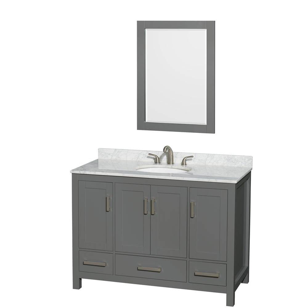 Wyndham Collection - Sheffield 48 Inch Single Bathroom Vanity in Dark Gray, White Carrara Marble Countertop, Undermount Oval Sink, and 24 Inch Mirror - Dark Gray