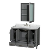 Sheffield 48 Inch Single Bathroom Vanity in Espresso, White Carrara Marble Countertop, Undermount Oval Sink, and Medicine Cabinet