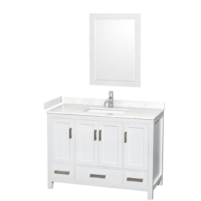 Wyndham Collection - Sheffield 48 Inch Single Bathroom Vanity in White, Carrara Cultured Marble Countertop, Undermount Square Sink, 24 Inch Mirror