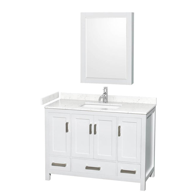 Wyndham Collection - Sheffield 48 Inch Single Bathroom Vanity in White, Carrara Cultured Marble Countertop, Undermount Square Sink, Medicine Cabinet