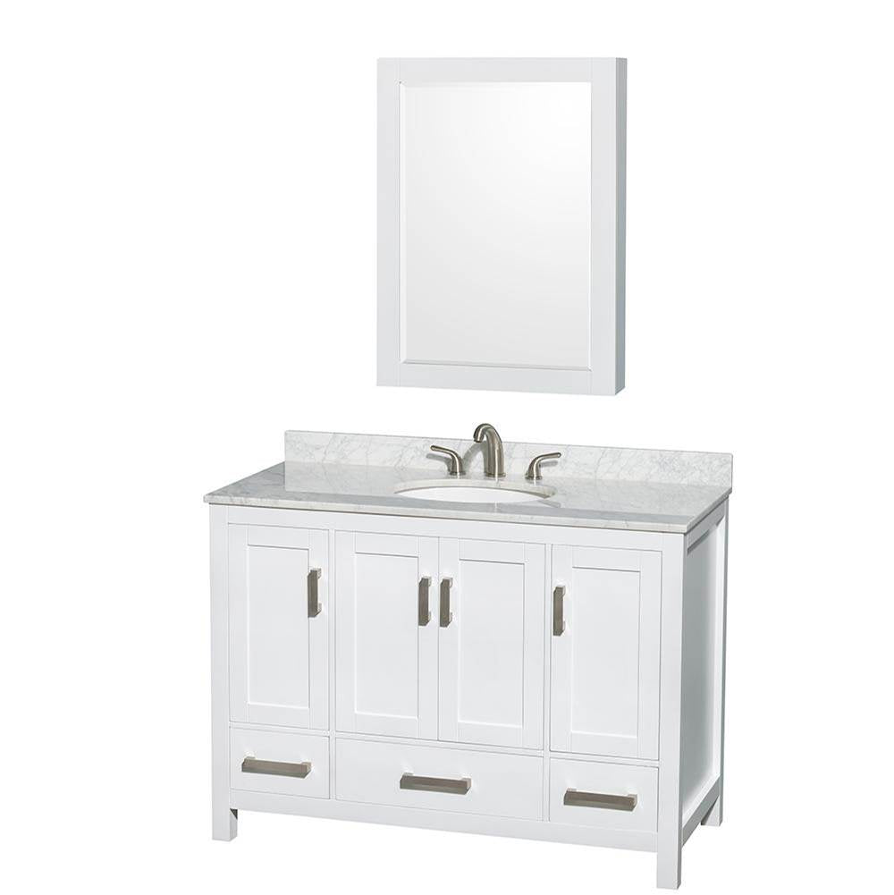 Wyndham Collection - Sheffield 48 Inch Single Bathroom Vanity in White, White Carrara Marble Countertop, Undermount Oval Sink, and Medicine Cabinet - White