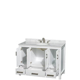 Sheffield 48 Inch Single Bathroom Vanity in Espresso, White Carrara Marble Countertop, Undermount Oval Sink, and No Mirror