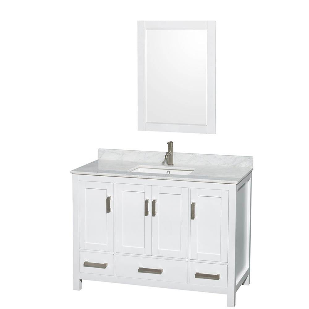 Wyndham Collection - Sheffield 48 Inch Single Bathroom Vanity in White, White Carrara Marble Countertop, Undermount Square Sink, and 24 Inch Mirror - White