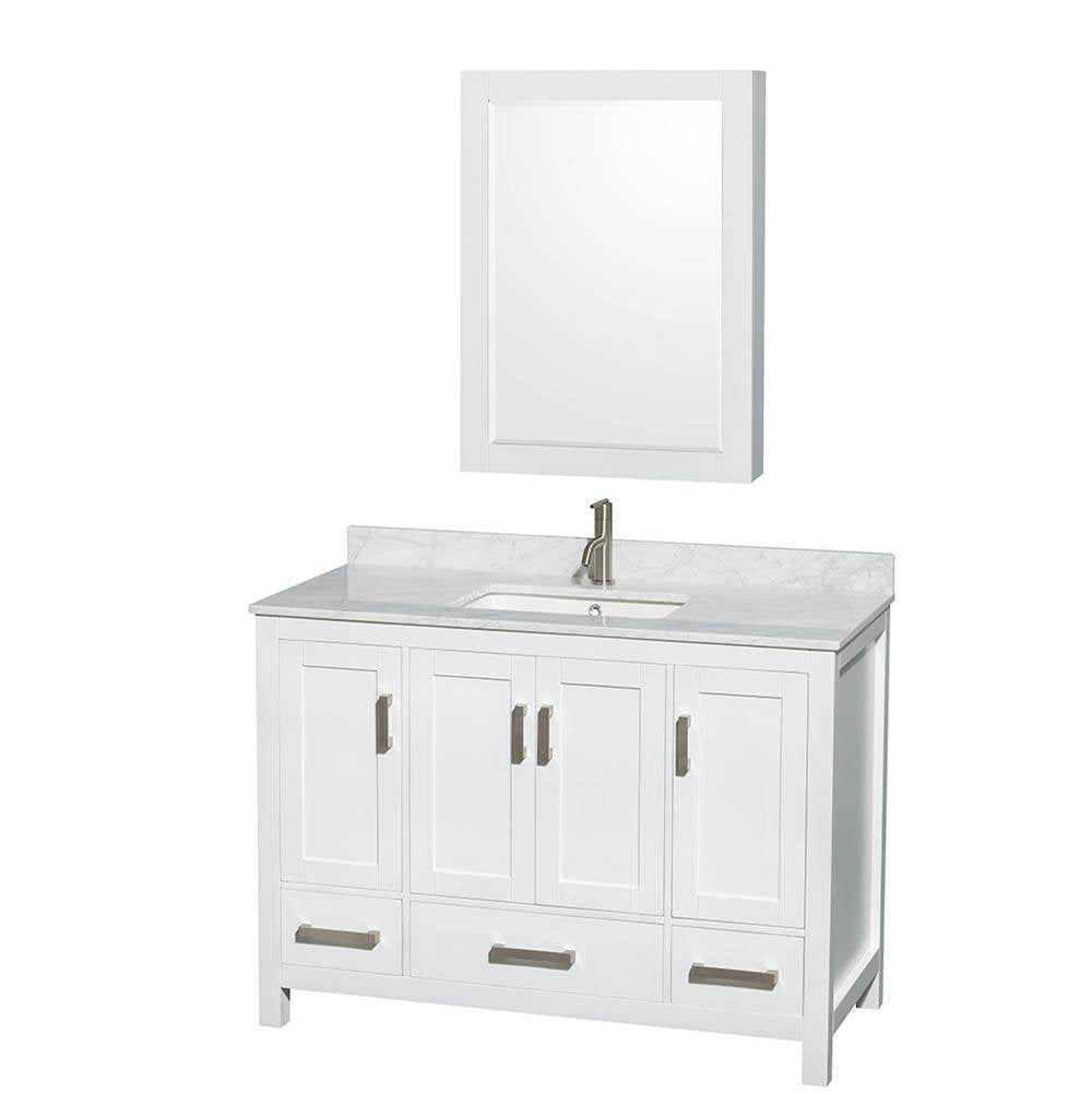 Wyndham Collection - Sheffield 48 Inch Single Bathroom Vanity in White, White Carrara Marble Countertop, Undermount Square Sink, and Medicine Cabinet - White