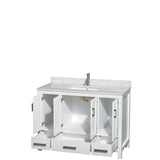 Sheffield 48 Inch Single Bathroom Vanity in Espresso, White Carrara Marble Countertop, Undermount Square Sink, and No Mirror