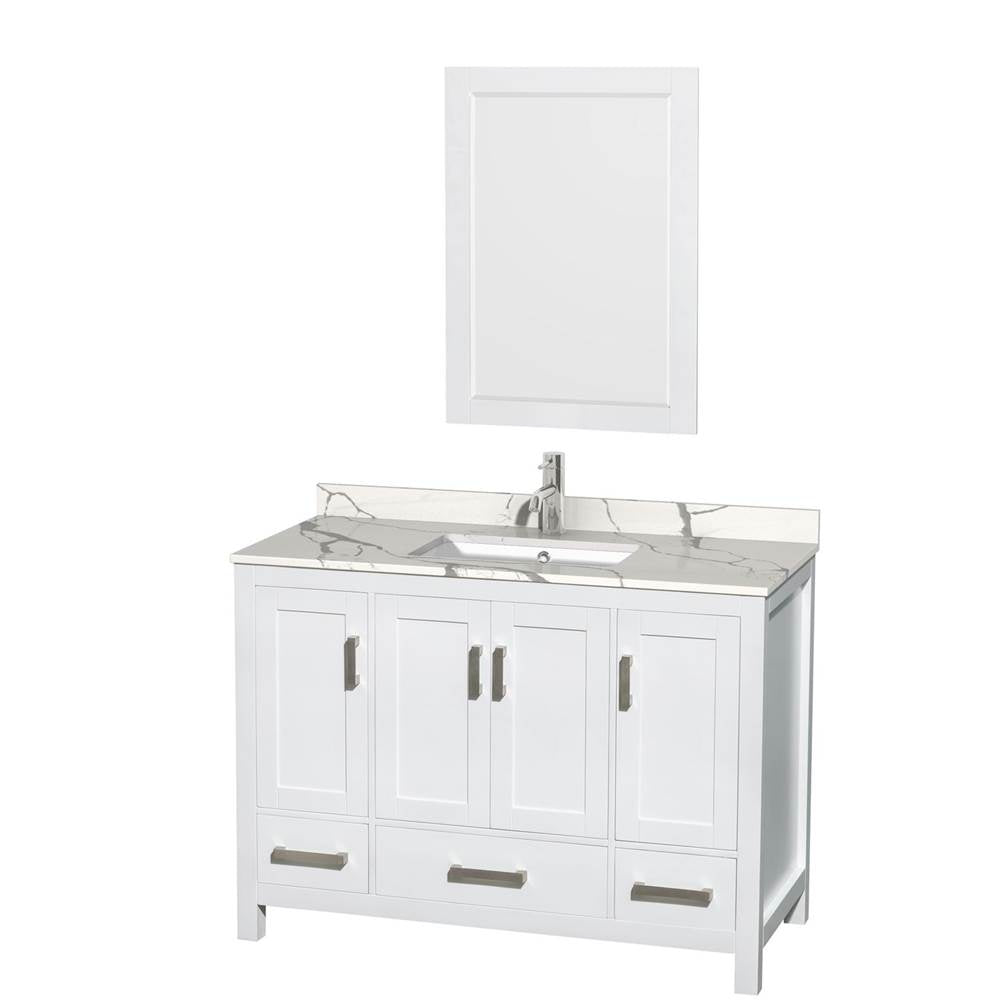 Wyndham Collection - Sheffield 48 Inch Single Bathroom Vanity in White, Calacatta Quartz Countertop, Undermount Square Sink, 24 Inch Mirror - White