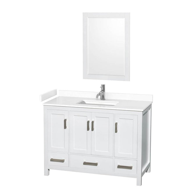 Wyndham Collection - Sheffield 48 Inch Single Bathroom Vanity in White, White Cultured Marble Countertop, Undermount Square Sink, 24 Inch Mirror