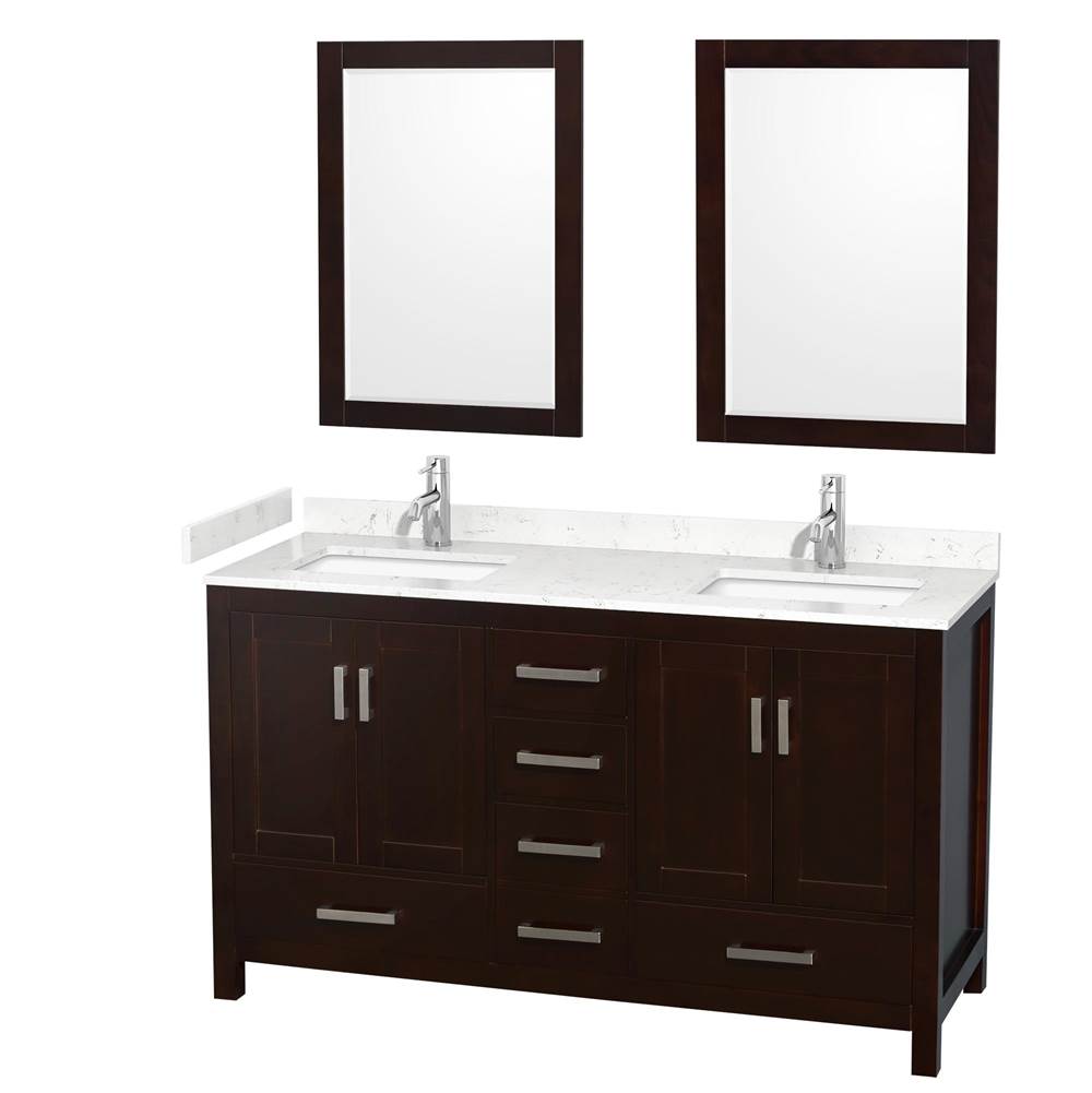 Wyndham Collection - Sheffield 60 Inch Double Bathroom Vanity in Espresso, Carrara Cultured Marble Countertop, Undermount Square Sinks, 24 Inch Mirrors