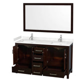 Sheffield 60 Inch Double Bathroom Vanity in Espresso, Carrara Cultured Marble Countertop, Undermount Square Sinks, 58 Inch Mirror