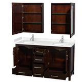 Sheffield 60 Inch Double Bathroom Vanity in Espresso, Carrara Cultured Marble Countertop, Undermount Square Sinks, Medicine Cabinets