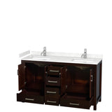 Sheffield 60 Inch Double Bathroom Vanity in Espresso, Carrara Cultured Marble Countertop, Undermount Square Sinks, No Mirror