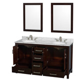 Sheffield 60 Inch Double Bathroom Vanity in Espresso, White Carrara Marble Countertop, Undermount Oval Sinks, and 24 Inch Mirrors
