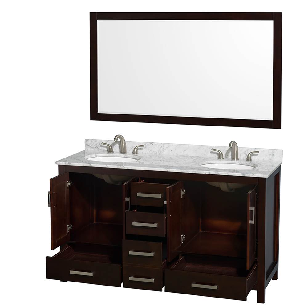 Sheffield 60 Inch Double Bathroom Vanity in Espresso, White Carrara Marble Countertop, Undermount Oval Sinks, and 58 Inch Mirror