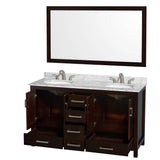 Sheffield 60 Inch Double Bathroom Vanity in Espresso, White Carrara Marble Countertop, Undermount Oval Sinks, and 58 Inch Mirror