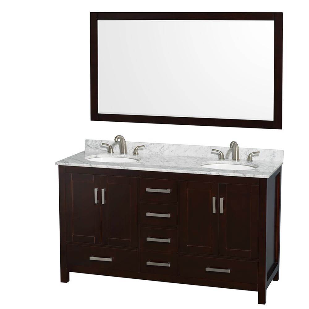 Wyndham Collection - Sheffield 60 Inch Double Bathroom Vanity in Espresso, White Carrara Marble Countertop, Undermount Oval Sinks, and 58 Inch Mirror - Espresso