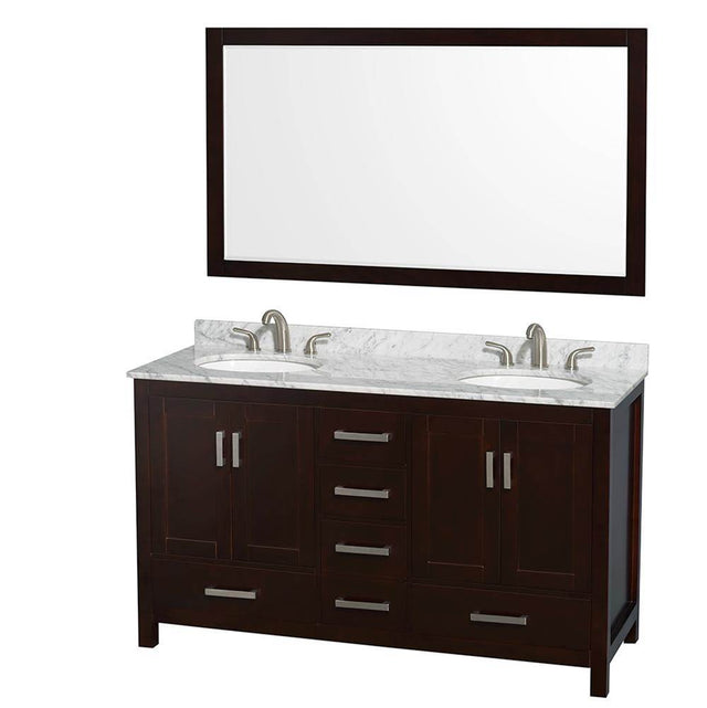 Wyndham Collection - Sheffield 60 Inch Double Bathroom Vanity in Espresso, White Carrara Marble Countertop, Undermount Oval Sinks, and 58 Inch Mirror - Espresso
