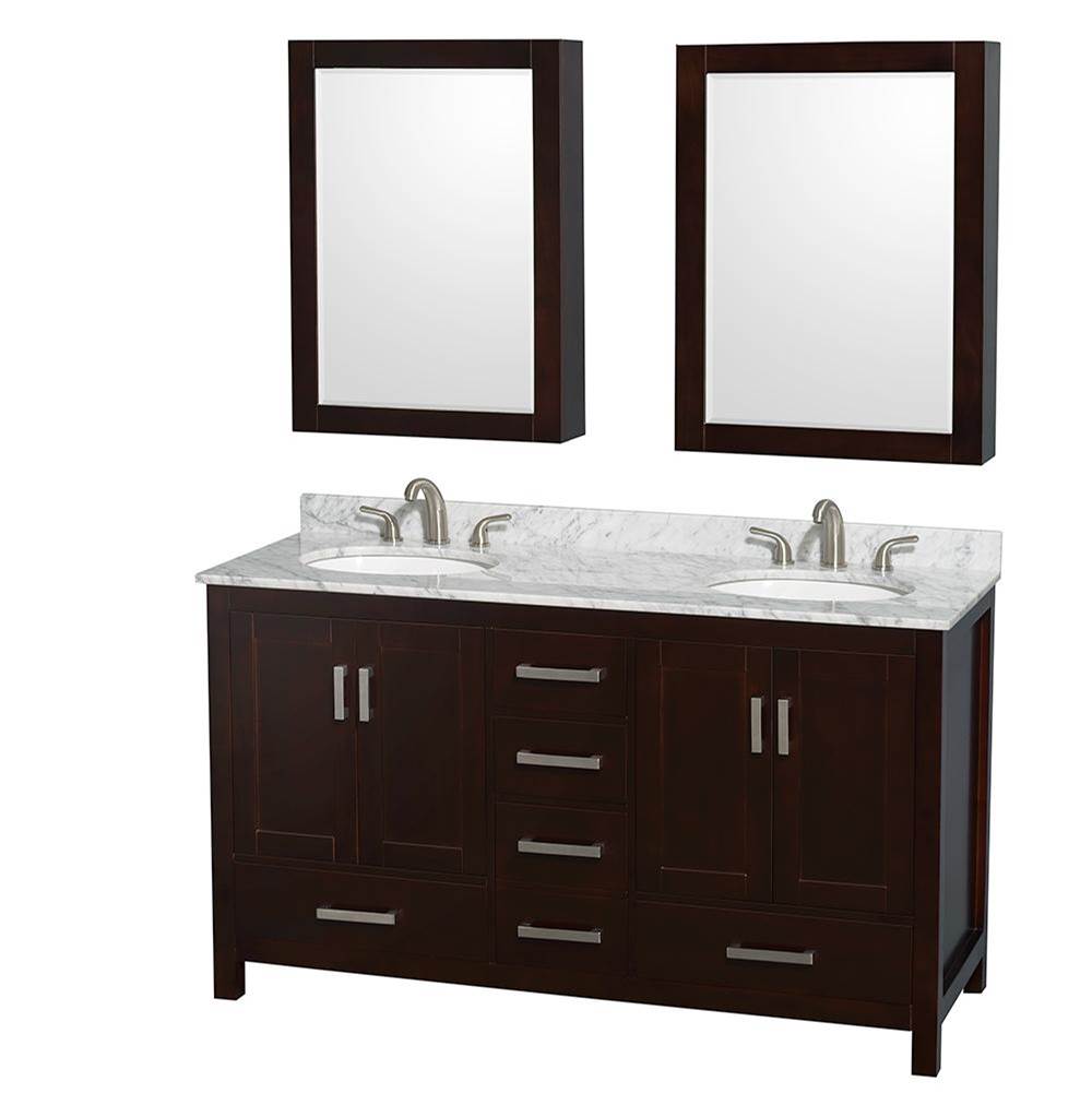 Wyndham Collection - Sheffield 60 Inch Double Bathroom Vanity in Espresso, White Carrara Marble Countertop, Undermount Oval Sinks, and Medicine Cabinets - Espresso