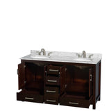 Sheffield 60 Inch Double Bathroom Vanity in Espresso, White Carrara Marble Countertop, Undermount Oval Sinks, and No Mirror