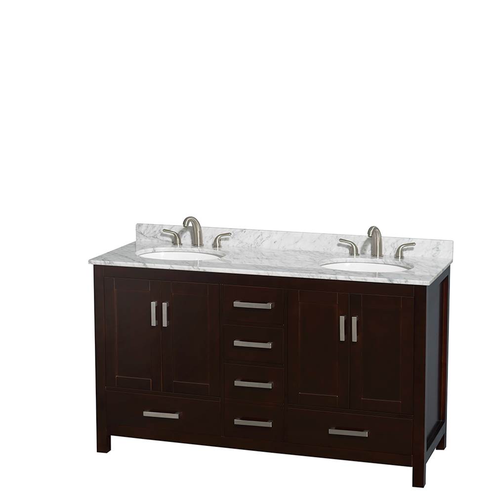 Sheffield 60 Inch Double Bathroom Vanity in Espresso, White Carrara Marble Countertop, Undermount Oval Sinks, and 58 Inch Mirror