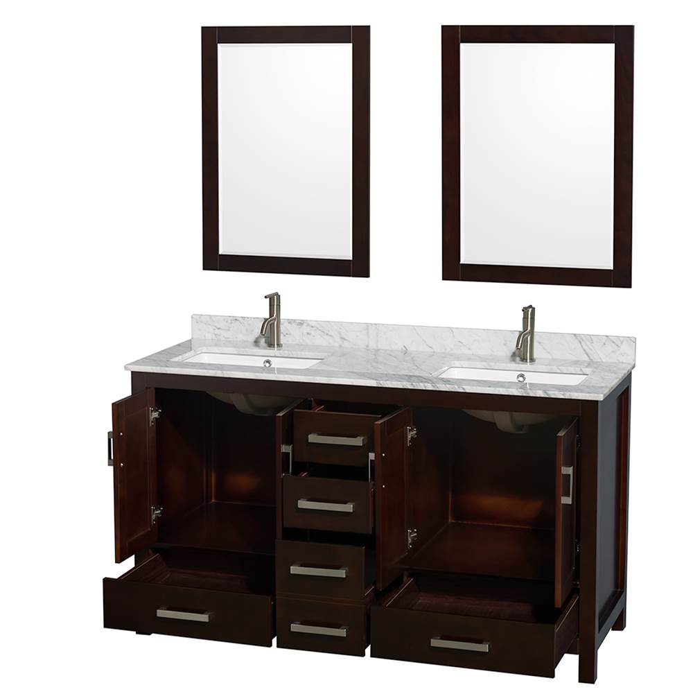 Sheffield 60 Inch Double Bathroom Vanity in Espresso, White Carrara Marble Countertop, Undermount Square Sinks, and 24 Inch Mirrors