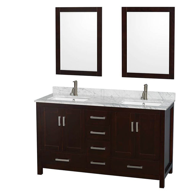 Wyndham Collection - Sheffield 60 Inch Double Bathroom Vanity in Espresso, White Carrara Marble Countertop, Undermount Square Sinks, and 24 Inch Mirrors - Espresso