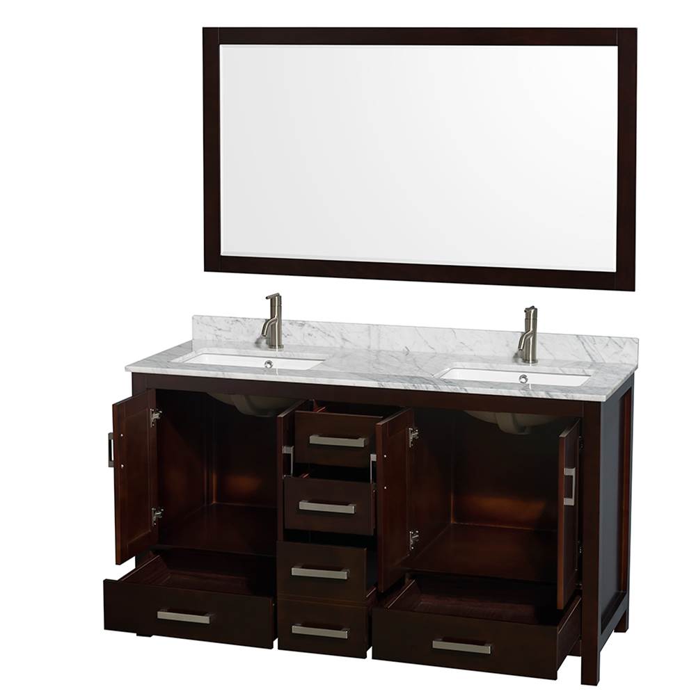 Sheffield 60 Inch Double Bathroom Vanity in Espresso, White Carrara Marble Countertop, Undermount Square Sinks, and 58 Inch Mirror