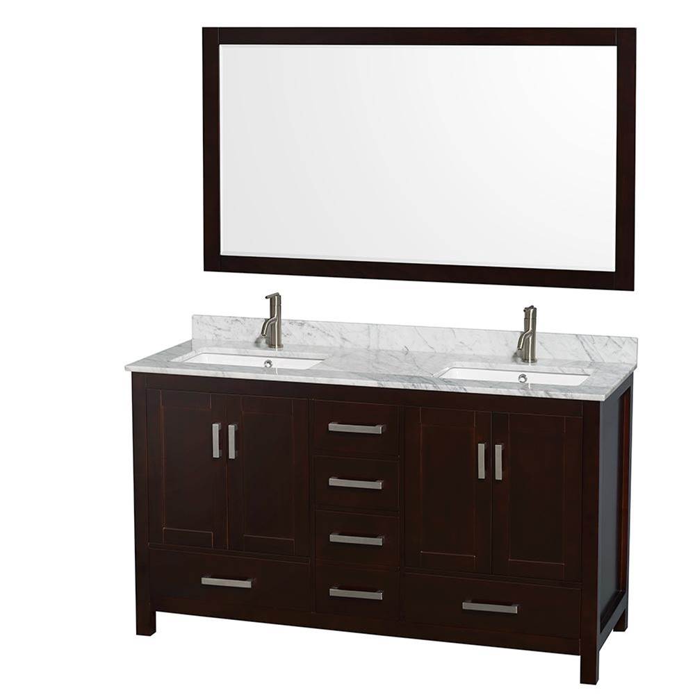 Wyndham Collection - Sheffield 60 Inch Double Bathroom Vanity in Espresso, White Carrara Marble Countertop, Undermount Square Sinks, and 58 Inch Mirror - Espresso