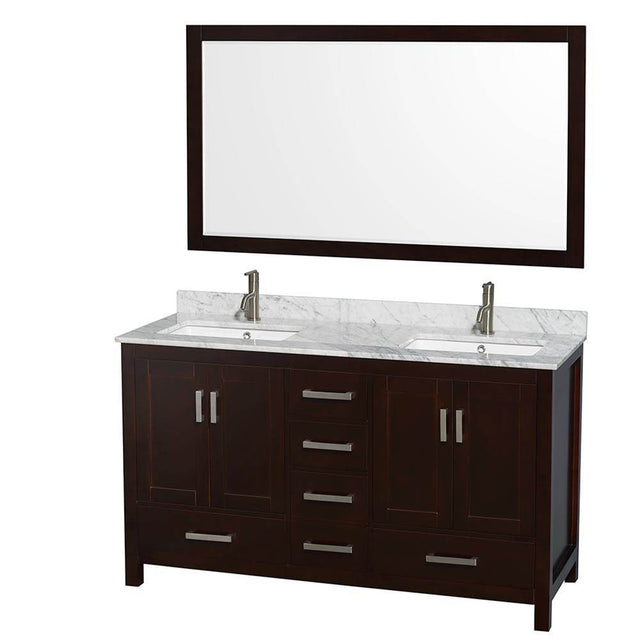 Wyndham Collection - Sheffield 60 Inch Double Bathroom Vanity in Espresso, White Carrara Marble Countertop, Undermount Square Sinks, and 58 Inch Mirror - Espresso
