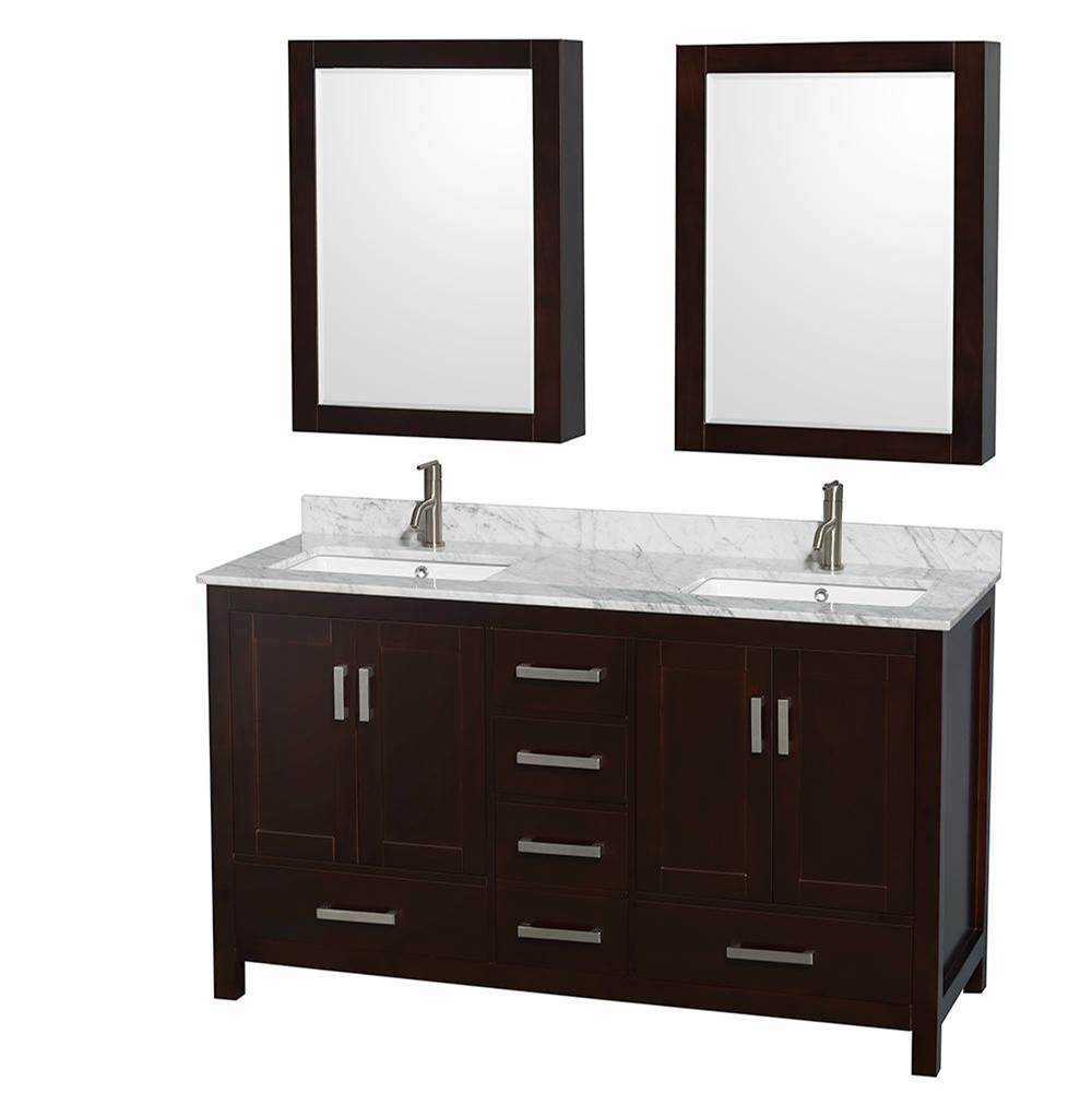 Wyndham Collection - Sheffield 60 Inch Double Bathroom Vanity in Espresso, White Carrara Marble Countertop, Undermount Square Sinks, and Medicine Cabinets - Espresso