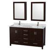 Wyndham Collection - Sheffield 60 Inch Double Bathroom Vanity in Espresso, White Carrara Marble Countertop, Undermount Square Sinks, and Medicine Cabinets - Espresso