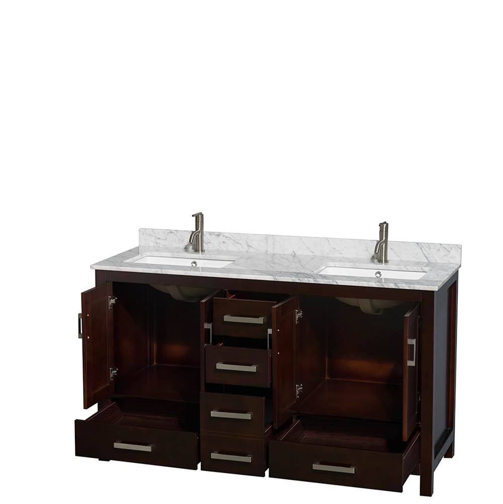 Sheffield 60 Inch Double Bathroom Vanity in Espresso, White Carrara Marble Countertop, Undermount Square Sinks, and No Mirror