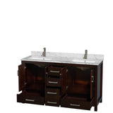 Sheffield 60 Inch Double Bathroom Vanity in Espresso, White Carrara Marble Countertop, Undermount Square Sinks, and No Mirror
