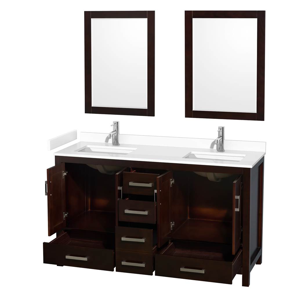 Sheffield 60 Inch Double Bathroom Vanity in Espresso, White Cultured Marble Countertop, Undermount Square Sinks, 24 Inch Mirrors