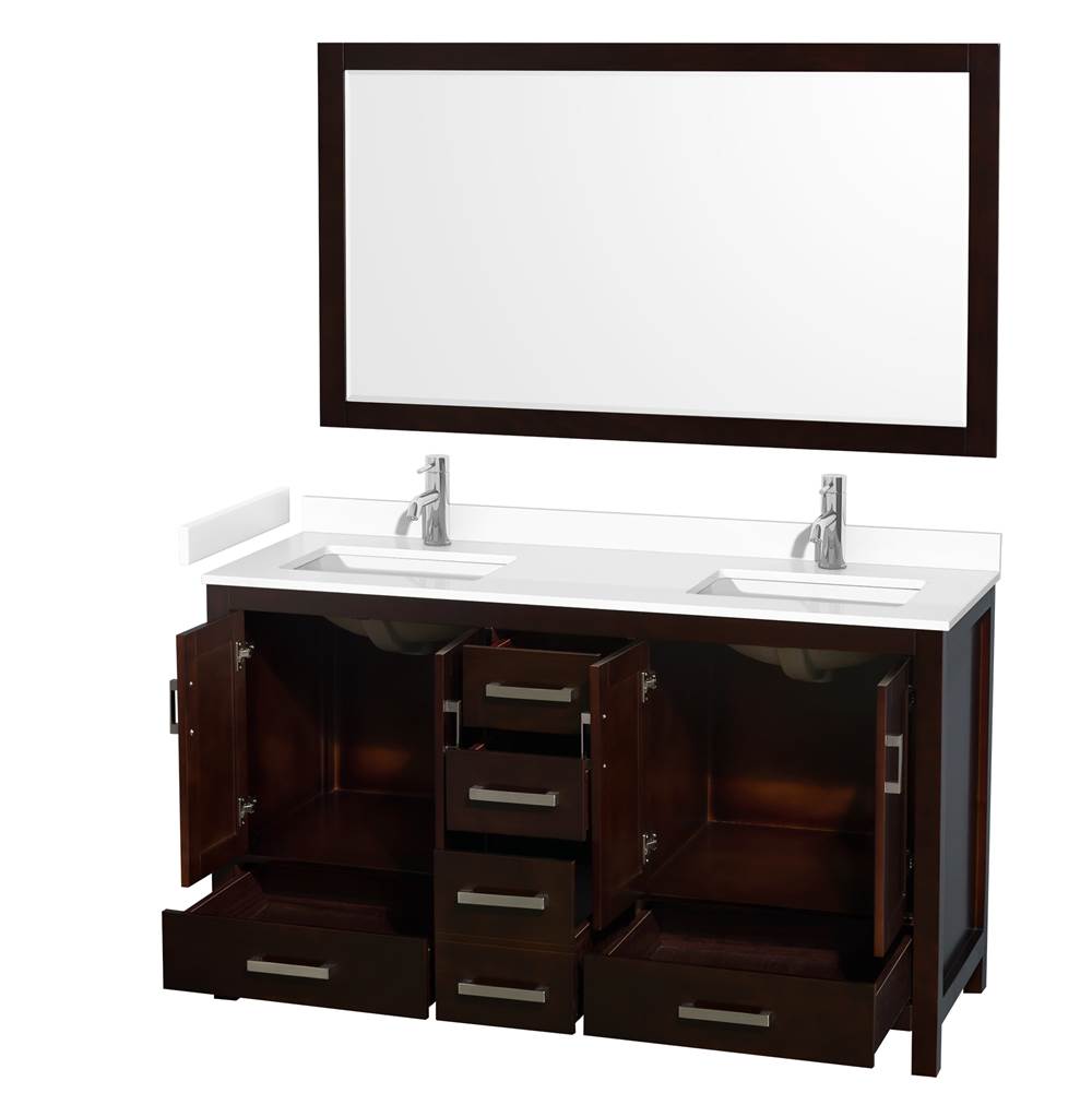Sheffield 60 Inch Double Bathroom Vanity in Espresso, White Cultured Marble Countertop, Undermount Square Sinks, 58 Inch Mirror