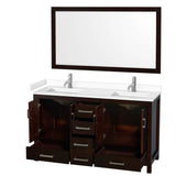 Sheffield 60 Inch Double Bathroom Vanity in Espresso, White Cultured Marble Countertop, Undermount Square Sinks, 58 Inch Mirror