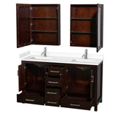 Sheffield 60 Inch Double Bathroom Vanity in Espresso, White Cultured Marble Countertop, Undermount Square Sinks, Medicine Cabinets